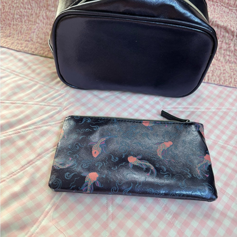 2 piece navy cosmetic bags with gold fish print